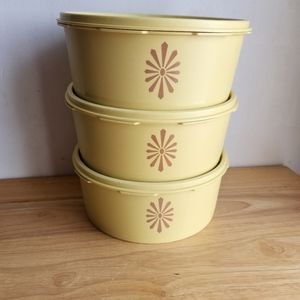 Tupperware Canister Set 3 Yellow Storage Round Bowls Lids